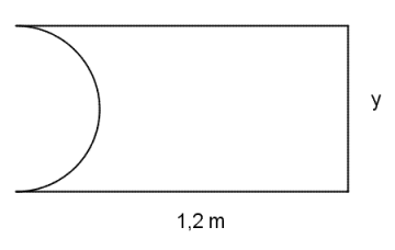 Randen til figuren består av tre av sidene i et rektangel, samt en halvsirkel. Langsiden er på 1,2 m (og to av disse sidene er med), og kortsiden har lengde y, som også er diameter i halvsirkelen.